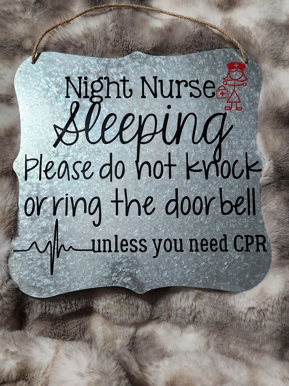 Night Nurse Sleeping Metal Wall Sign - Silver with Black and Red Accents